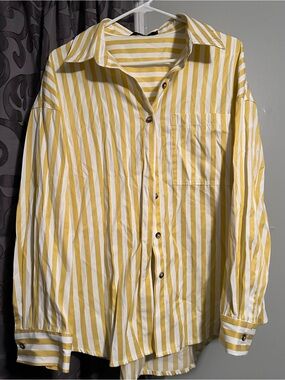 Woman’s Yellow & White Stripe Button-Up Shirt